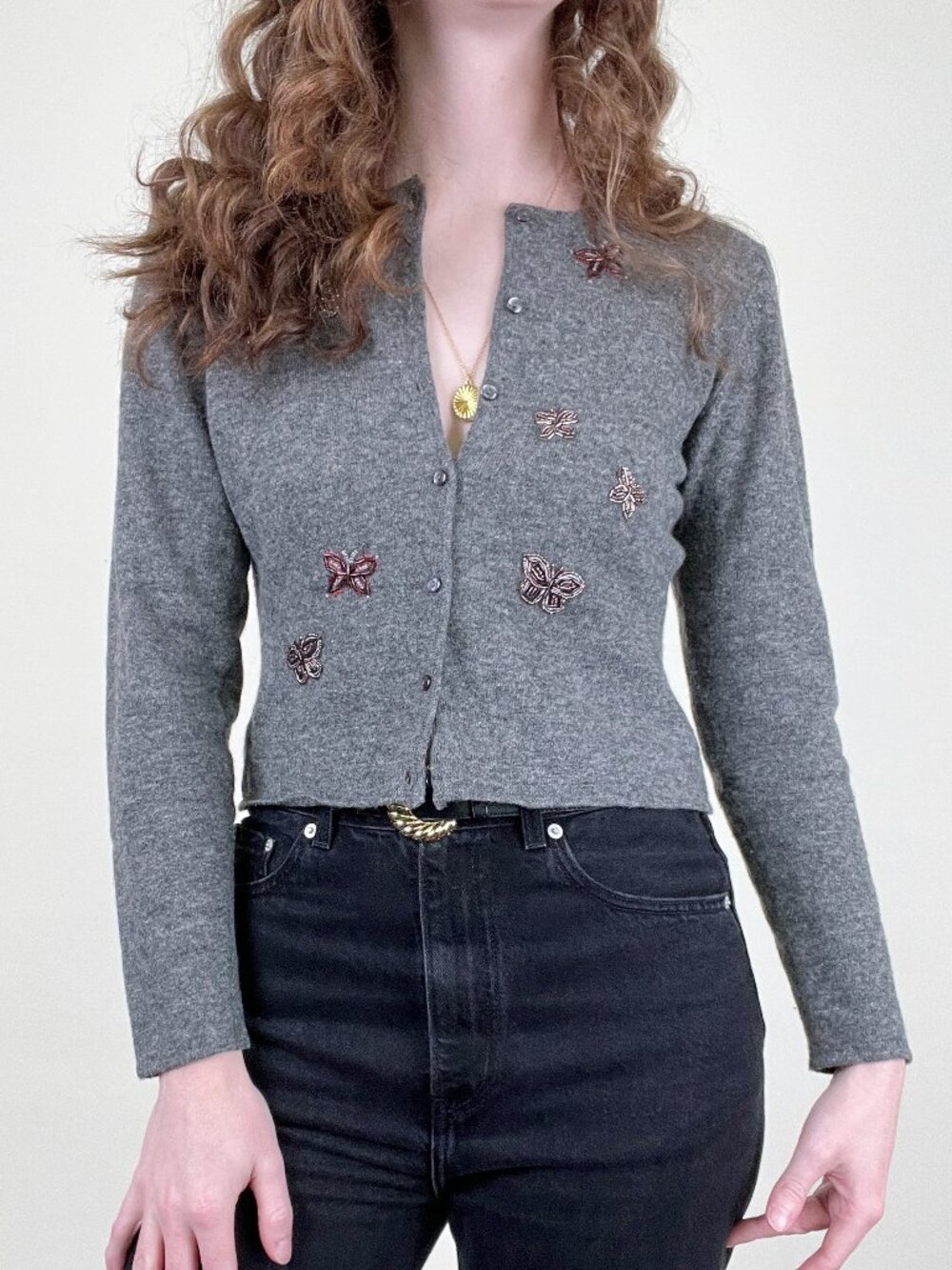 Vintage August Silk Lambswool Beaded Butterfly Cardigan Cropped 90s 90's Y2K 00s